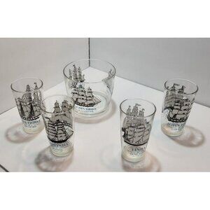 Vtg Hazel Atlas Schooners Blue Glass Ice Bucket & 4 Glasses Long John Silvers